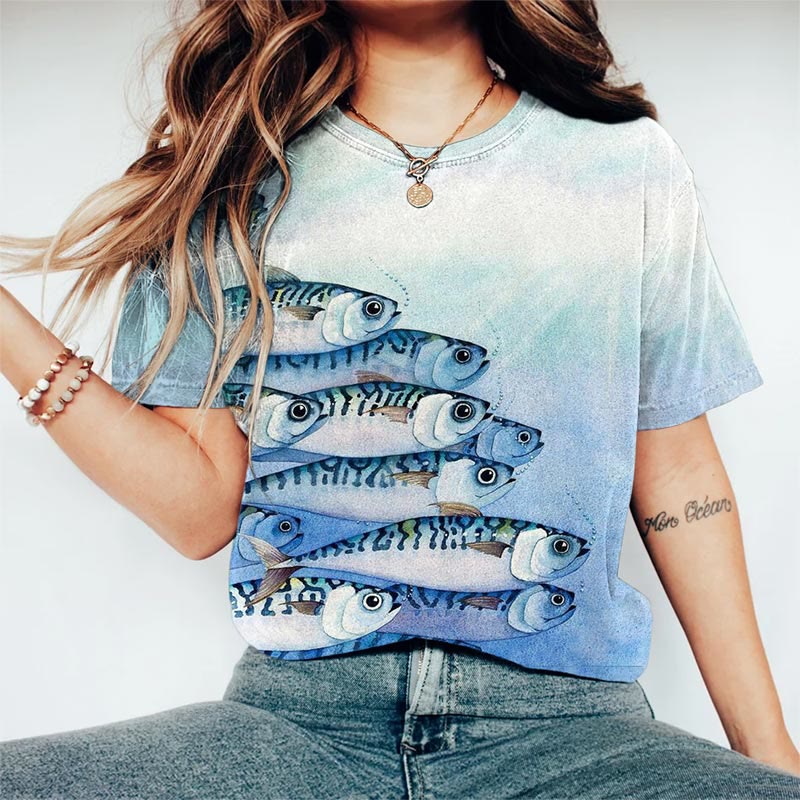 Retro Japanese Fish Art Print Crew Neck T-shirt