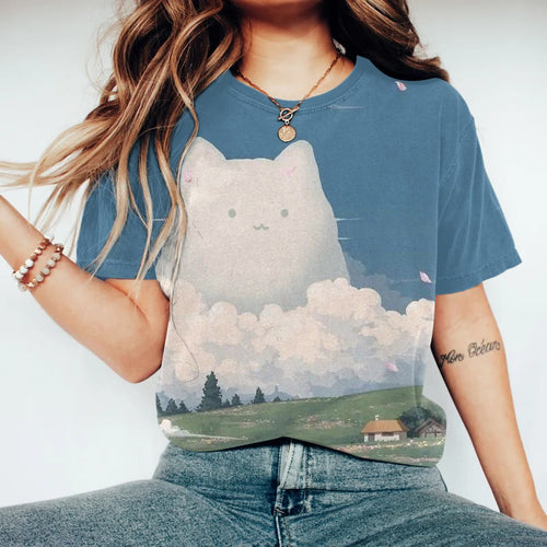 Cloud Cat Print Round Neck Short Sleeve T-shirt