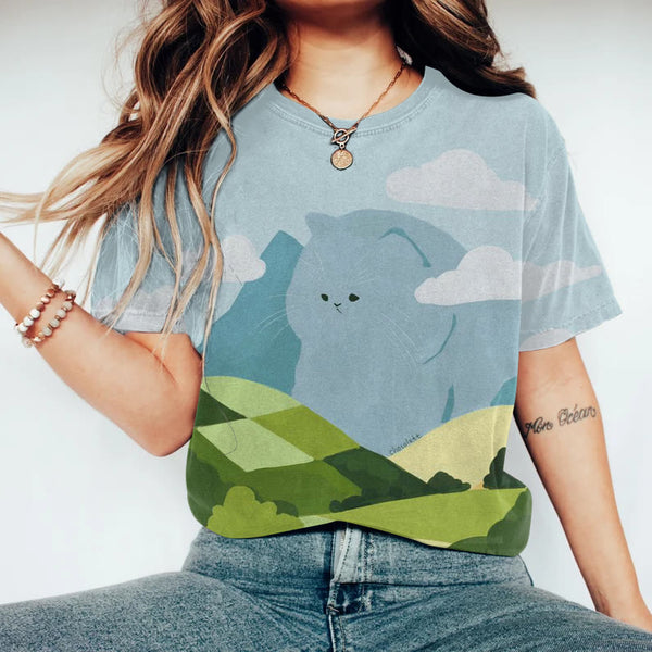 Cloud Cat Print Round Neck Short Sleeve Casual T-shirt