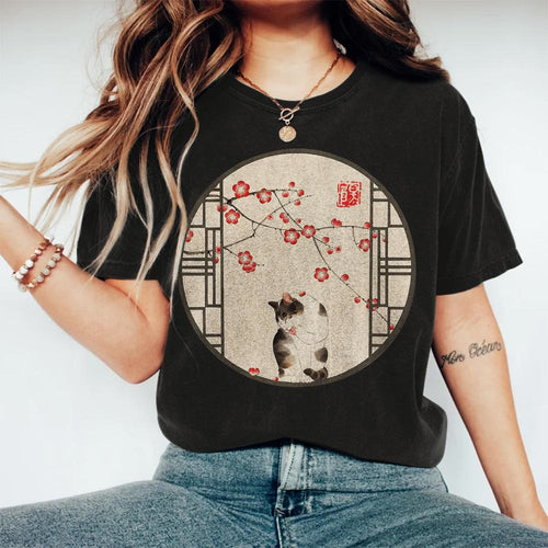 Cat Plum Blossom Window Japanese Art T Shirt