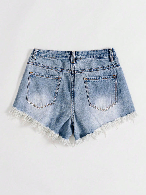 SHEIN EZwear Women Distressed Frayed Hem Denim Shorts For Spring/Summer
