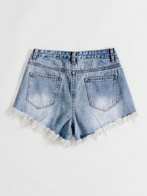 SHEIN EZwear Women Distressed Frayed Hem Denim Shorts For Spring/Summer
