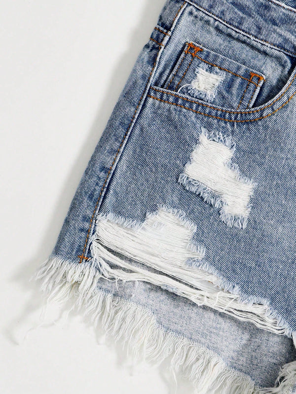 SHEIN EZwear Women Distressed Frayed Hem Denim Shorts For Spring/Summer
