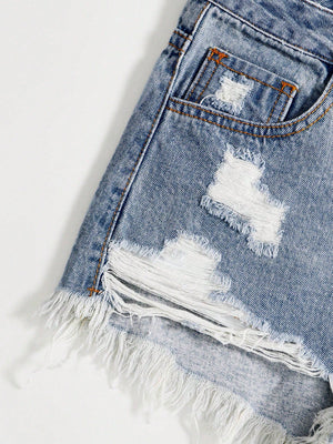 SHEIN EZwear Women Distressed Frayed Hem Denim Shorts For Spring/Summer