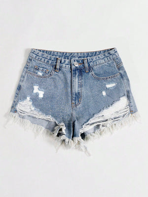 SHEIN EZwear Women Distressed Frayed Hem Denim Shorts For Spring/Summer