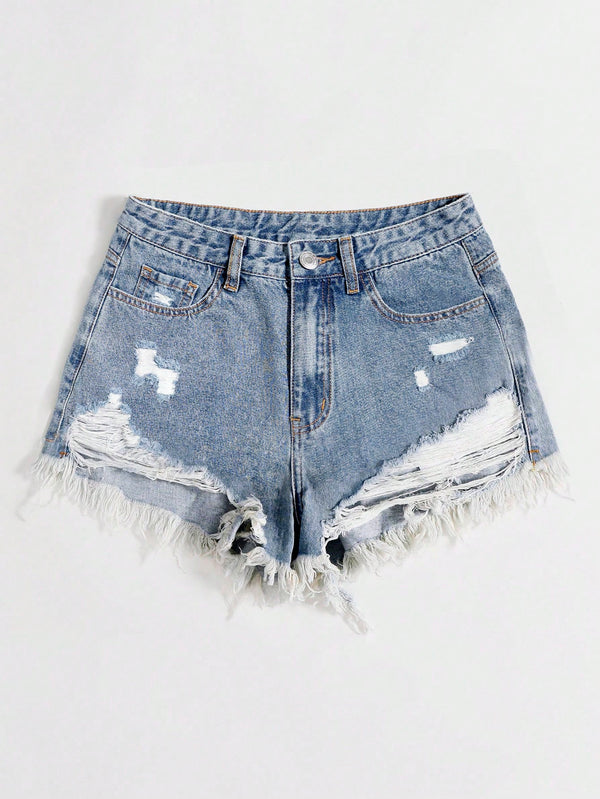 SHEIN EZwear Women Distressed Frayed Hem Denim Shorts For Spring/Summer