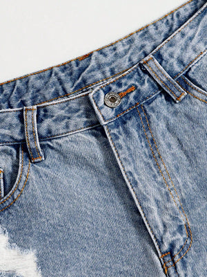 SHEIN EZwear Women Distressed Frayed Hem Denim Shorts For Spring/Summer