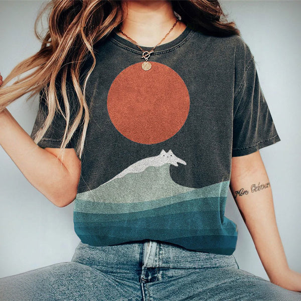 Cat Sea Wave Sunrise Japanese Art Vintage T Shirt