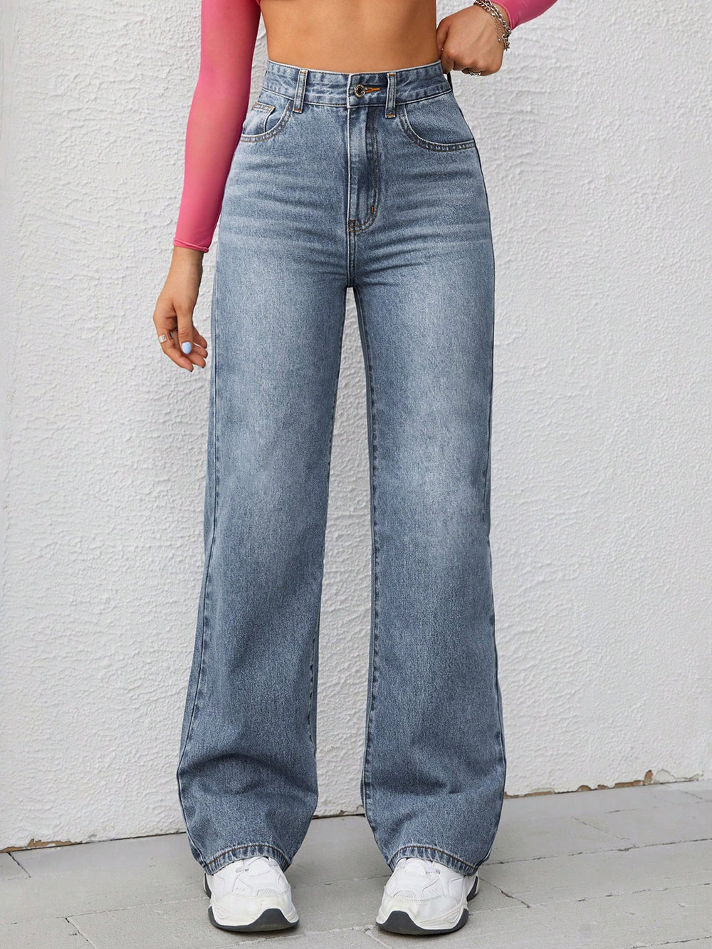 SHEIN EZwear Full Print Pocket Casual Loose Straight Leg Jeans