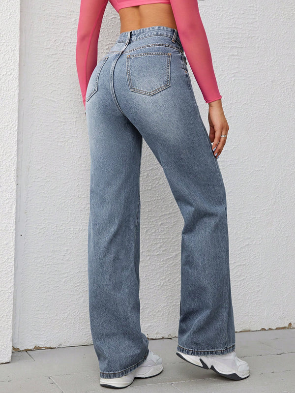 SHEIN EZwear Full Print Pocket Casual Loose Straight Leg Jeans