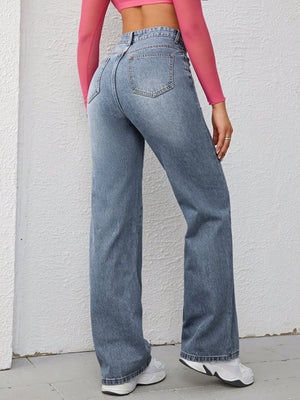 SHEIN EZwear Full Print Pocket Casual Loose Straight Leg Jeans