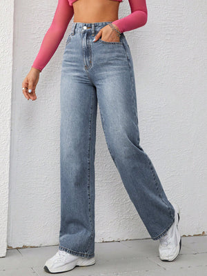 SHEIN EZwear Full Print Pocket Casual Loose Straight Leg Jeans