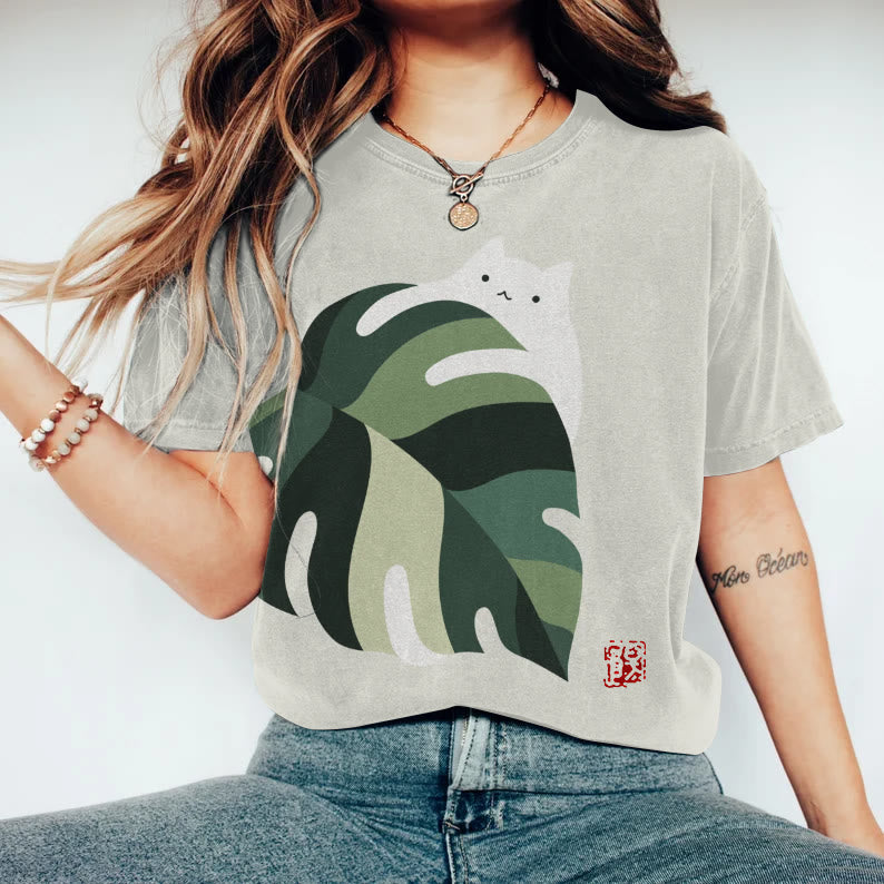 Abstract Creative Cute Cat And Plant Painting Art T-shirt