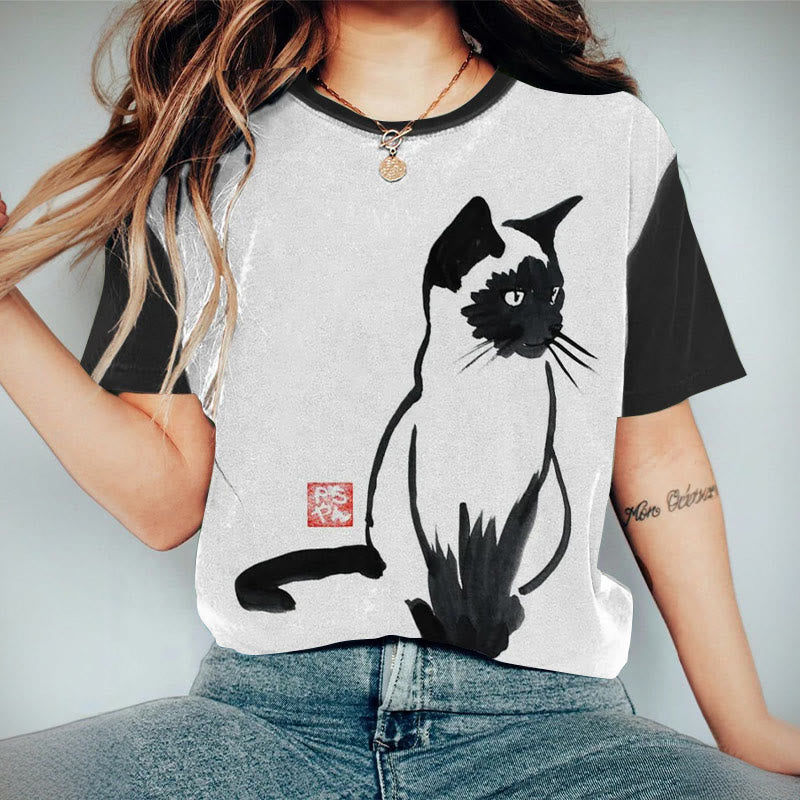 Ink Cat Print Women's Short Sleeve T-Shirt