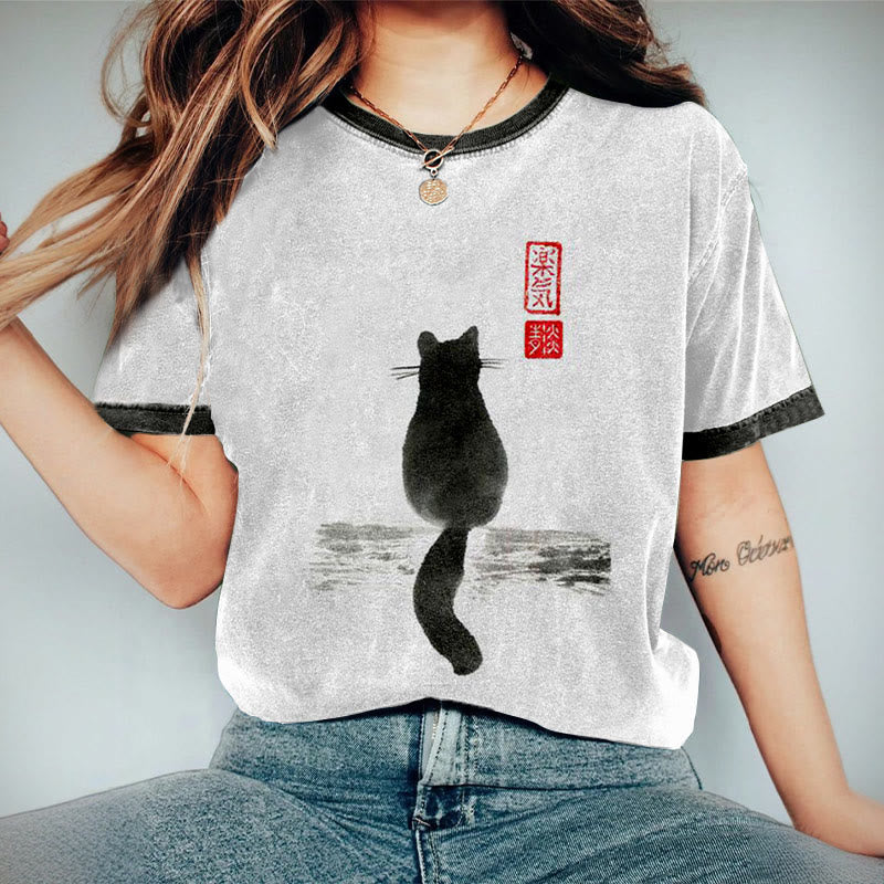 Japanese Cat Art Crew Neck Short Sleeves T-shirt