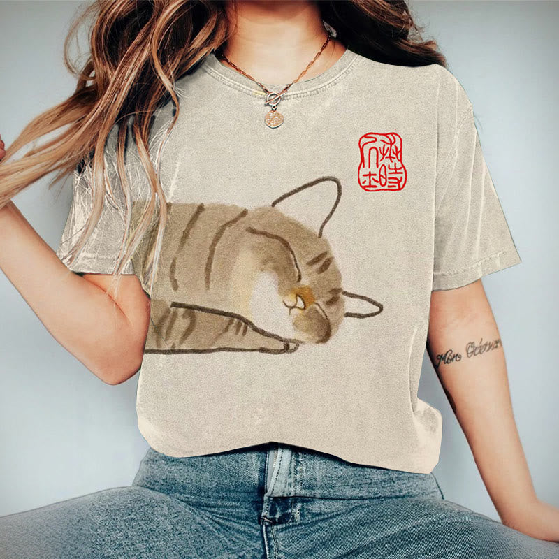 Japanese Cat Art Crew Neck Short Sleeves T-shirt