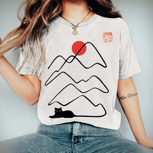 Landscape Cat Mountains Print Short Sleeves T-shirt