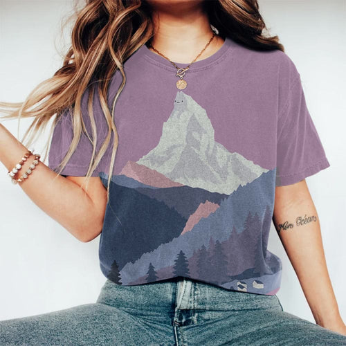 Abstract Creative Cat On Snowy Mountain Painting Art T-shirt