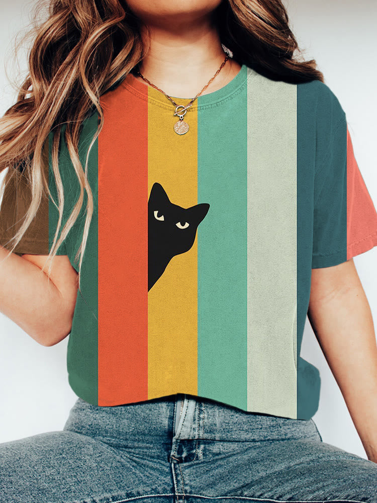 Rainbow Cat Stripe Print Short Sleeve T-shirt