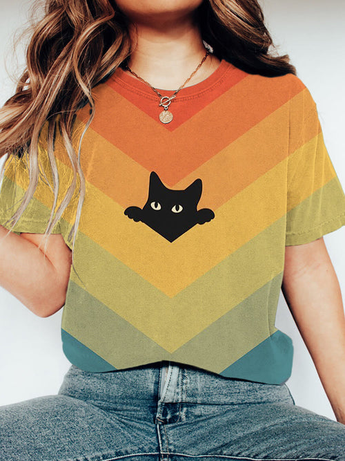 Rainbow Cat Print Short Sleeve T-shirt