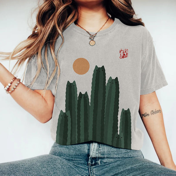 Abstract Creative Cute Cactus Cat Painting Art T-shirt