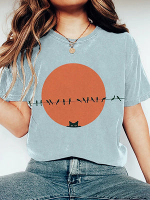 Cat & Bird Print T-Shirt