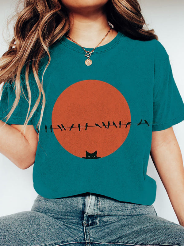 Cat & Bird Print T-Shirt