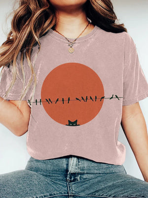 Cat & Bird Print T-Shirt