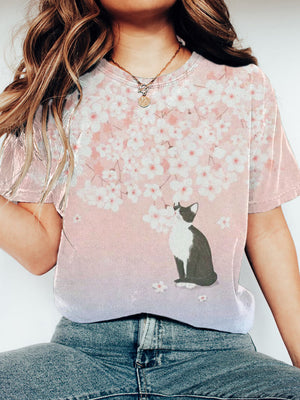 Cat & Sakura Japanese Print Short Sleeve T-Shirt