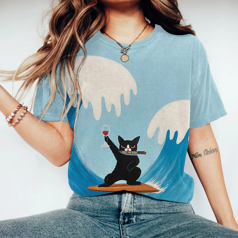 Take The Pisk Wave Cat Print T-shirt