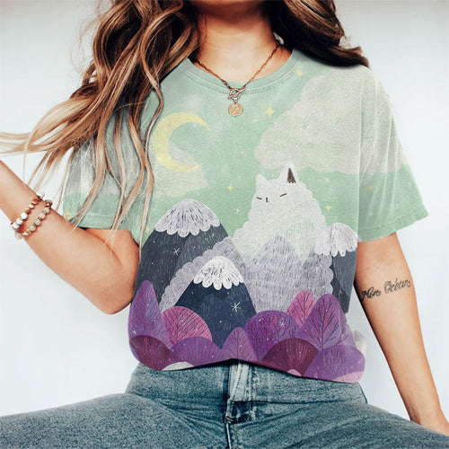 Dreamy Cute Kitty Cloud Print Short Sleeve Crew Neck T-shirt