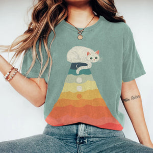 Cute Cat Print Short Sleeve Crew Neck T-shirt