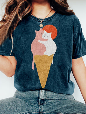 Cute Cat Print Short Sleeve Crew Neck T-shirt