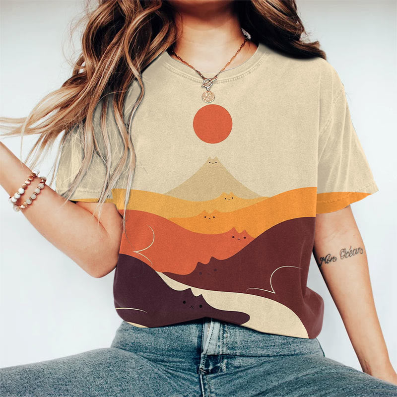 Cute Abstract Cat Mountain Landscape Art Print T-shirt