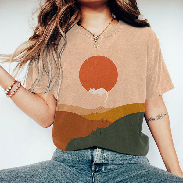 Multicolor Color Block Abstract Cat Mountain Sunset Art Print T-shirt