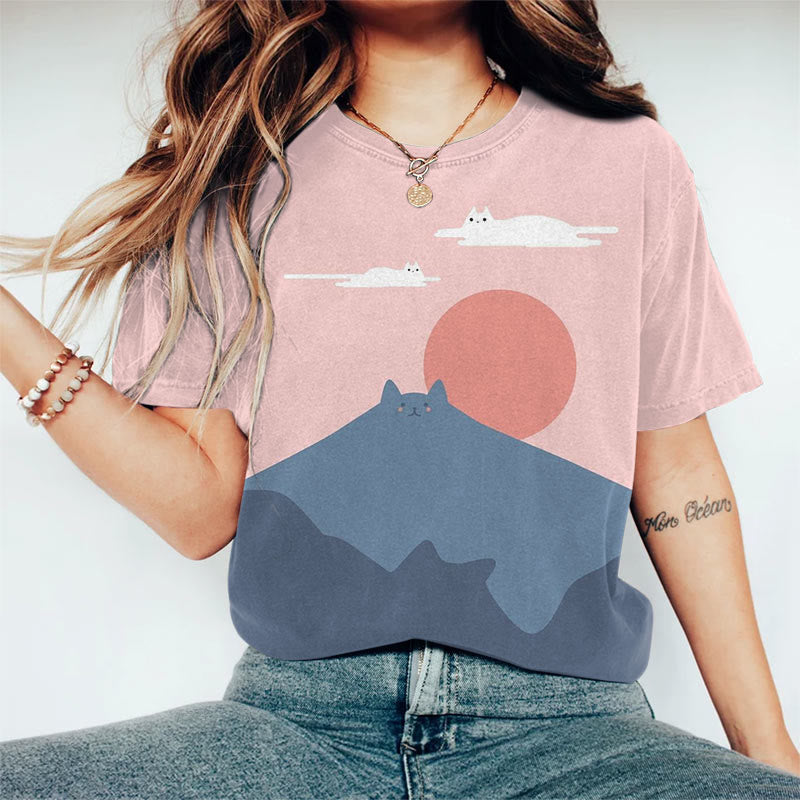 Abstract Cute Cat Mountain And Cloud Art Print Short-sleeved T-shirt