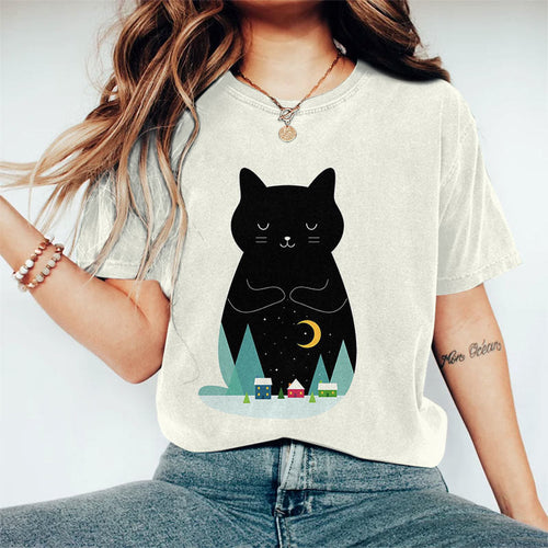 Cute Cat Silhouette Landscape Art Print Short-sleeved T-shirt