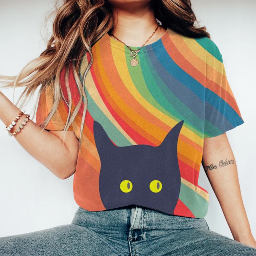 Black Cat In Wavy Rainbow Printed T-shirt