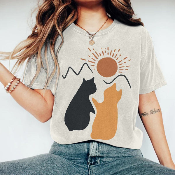 Sunrise Contrast Cat Print T-shirt