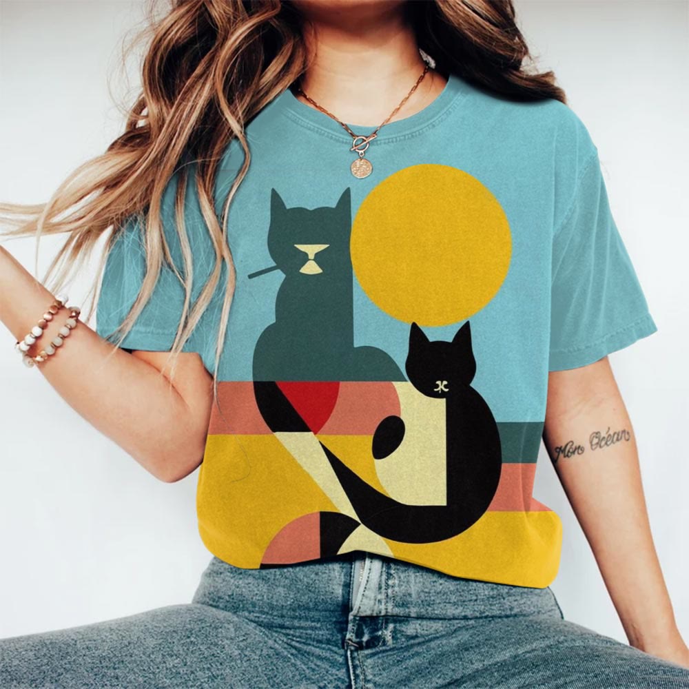 Colorblock Geometric Abstract Cat Print T-shirt