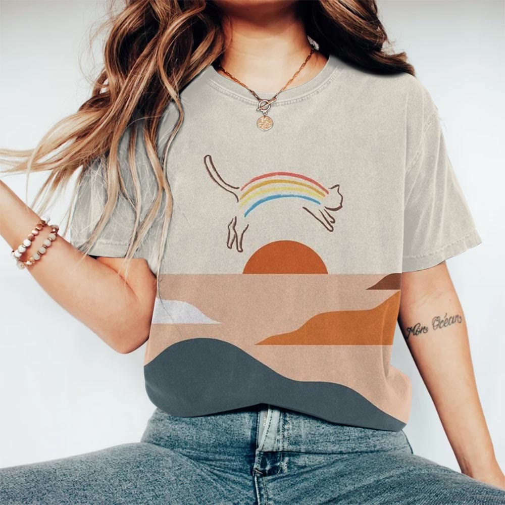 Rainbow Cat At Sunset Printed T-shirt