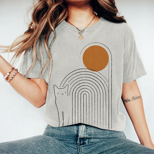 Cat With Tail Wrapped Around The Sun Printed T-shirt