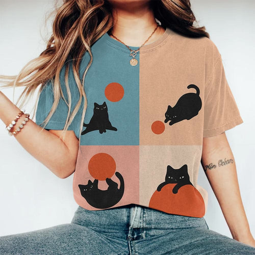 Color Block Playing Ball Black Cat Print T-shirt