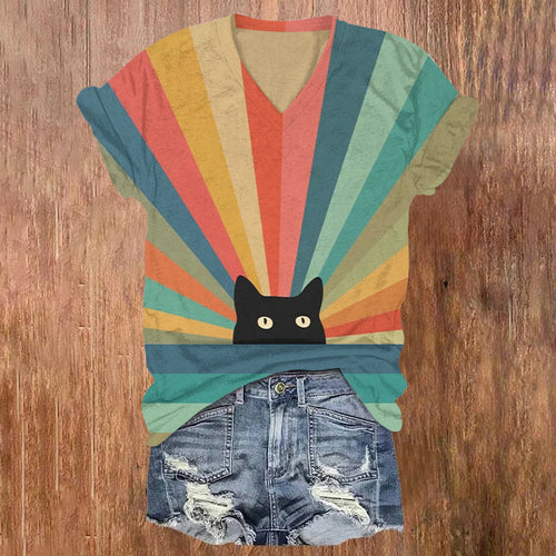 Rainbow Cat Print Short Sleeves V-neck T-shirt