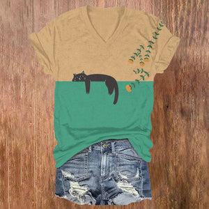 Abstract Creative Lazy Black Cat Painting Art V-neck T-shirt