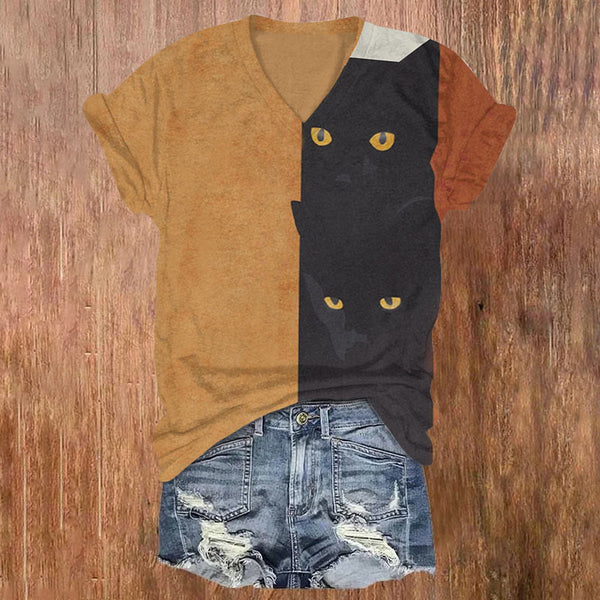 Abstract Black Cat Painting Art V-neck T-shirt