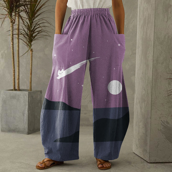 Abstract Creative Cute Cat Leaping Under The Starry Sky Painting Art Casual Pants