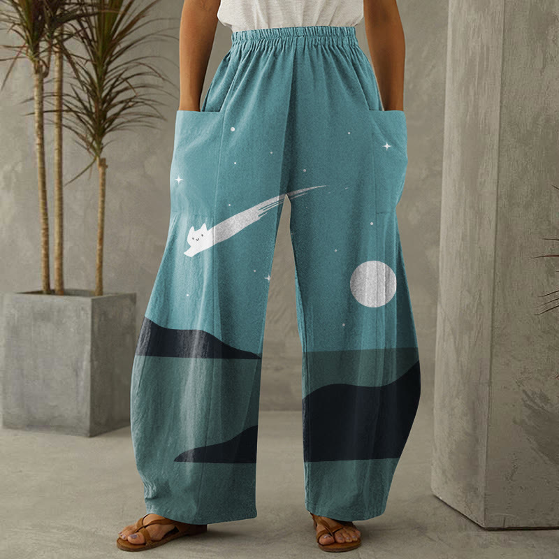 Abstract Creative Cute Cat Leaping Under The Starry Sky Painting Art Casual Pants