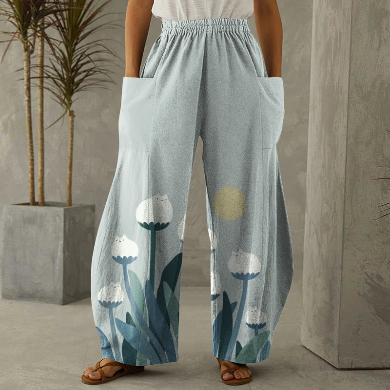 Abstract Creative Spring Cute Cat And Plant Painting Art  Casual Pants