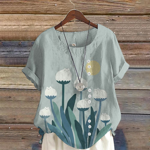 Abstract Creative Spring Cute Cat And Plant Painting Art Blouse